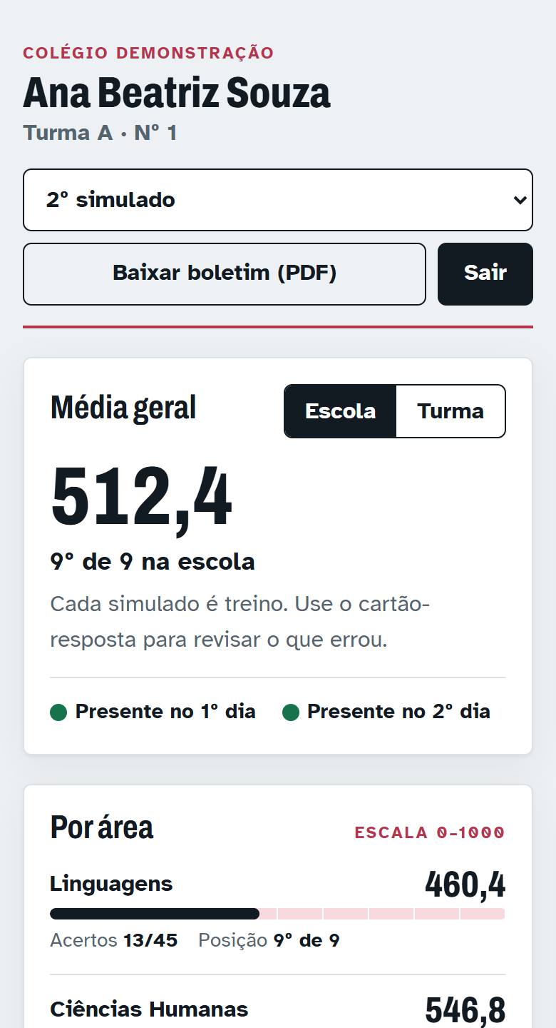 Portal do aluno no celular: médias por área, colocação e presença no simulado